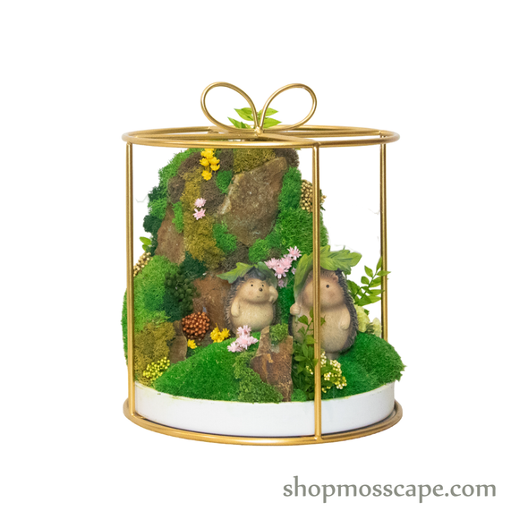 Bonsaiscape with Hedgehogs in Round Ribbon Cage (L)