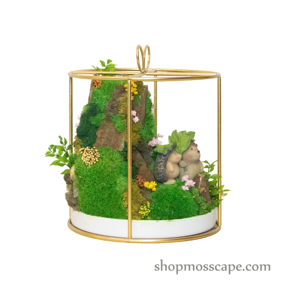 Bonsaiscape with Hedgehogs in Round Ribbon Cage (L)