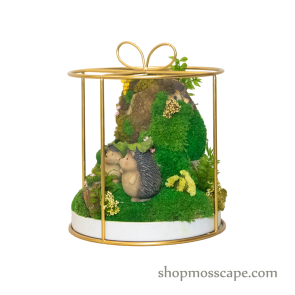 Bonsaiscape with Hedgehogs in Round Ribbon Cage (L)