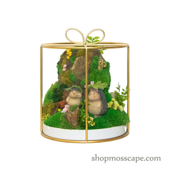 Bonsaiscape with Hedgehogs in Round Ribbon Cage (L)