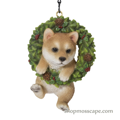 Hanging Round Holly Wreath with Shiba Inu
