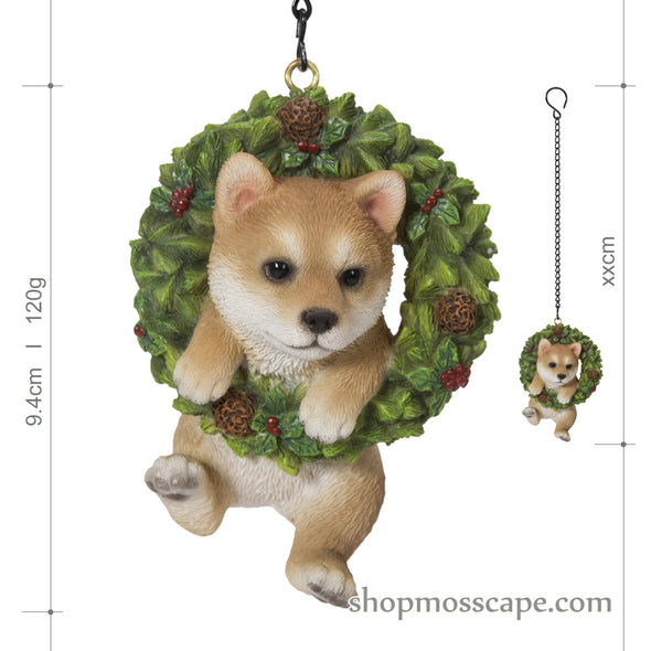 Hanging Round Holly Wreath with Shiba Inu