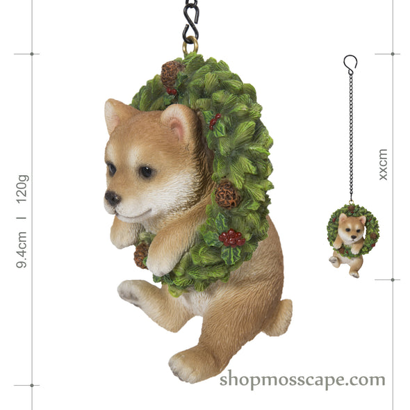Hanging Round Holly Wreath with Shiba Inu