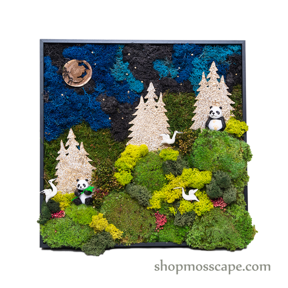 Pandas Under Moonlight | Framed Moss Art (035)